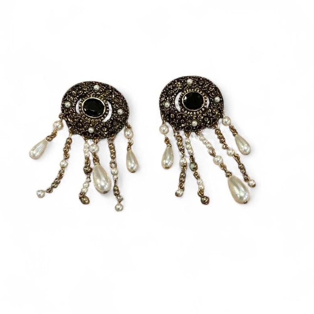 Vintage Chandelier Drop Earrings Gold Tone Black‎ Cabochon Faux Pearl Fringe